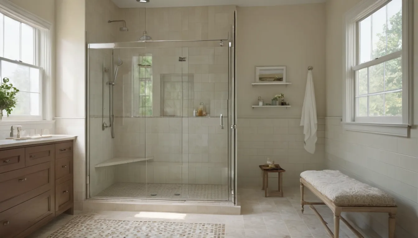 Smiling older homeowner sitting on a bench inside a bright walk-in shower in a West Mifflin home