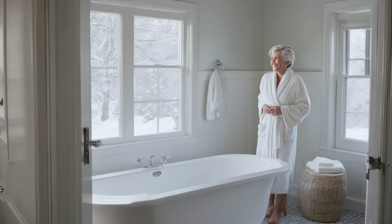 Older adult stepping into a walk-in tub in a bright, tidy bathroom of a West Mifflin home